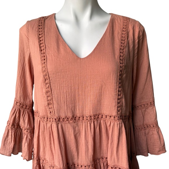 Listicle Boho V-Neck Tiered Bell Sleeve Cotton Mini Dress, Sz M - Picture 7 of 15